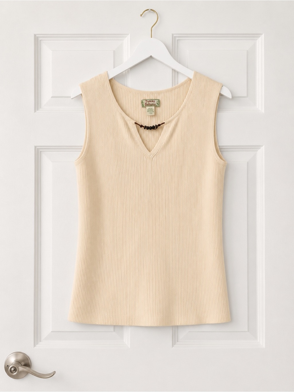 Tommy Bahama Cream Ribbed V‑Neck Tank beaded silk & cotton large